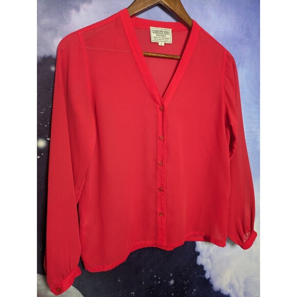Vintage Red Sheer Button-Up Blouse Charlotte Ford Boutique Size 6 Classic Career - Picture 2 of 8